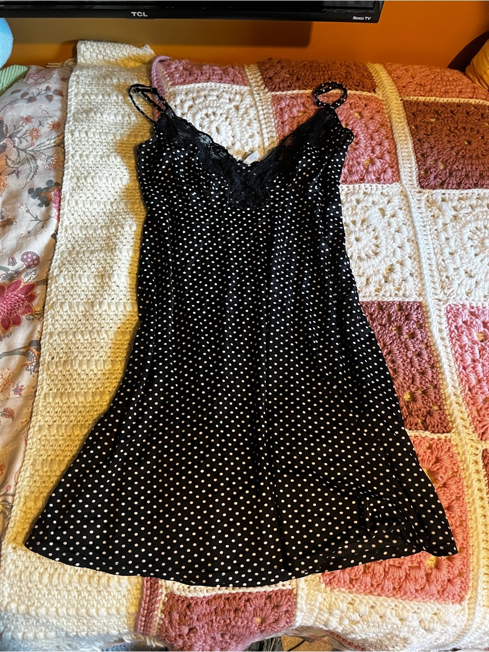 Black Polka Dot Lace-Trim Slip Dress